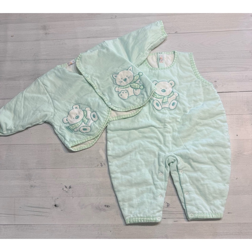 Lentiginni baby mint green romper with jacket bear cat print 3-9 months